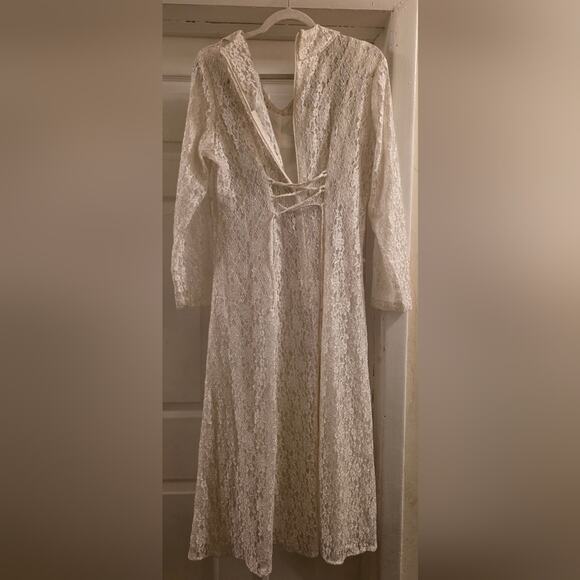 Vtg 80s Elegant Ivory Lace Button-Down Maxi Dress Sheer W/Slip Dress Bridal - Picture 10 of 15